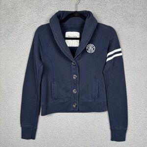 Abercrombie Fleece Cardigan Womens M Navy‎ Shawl Varsity Academic Preppy Y2K